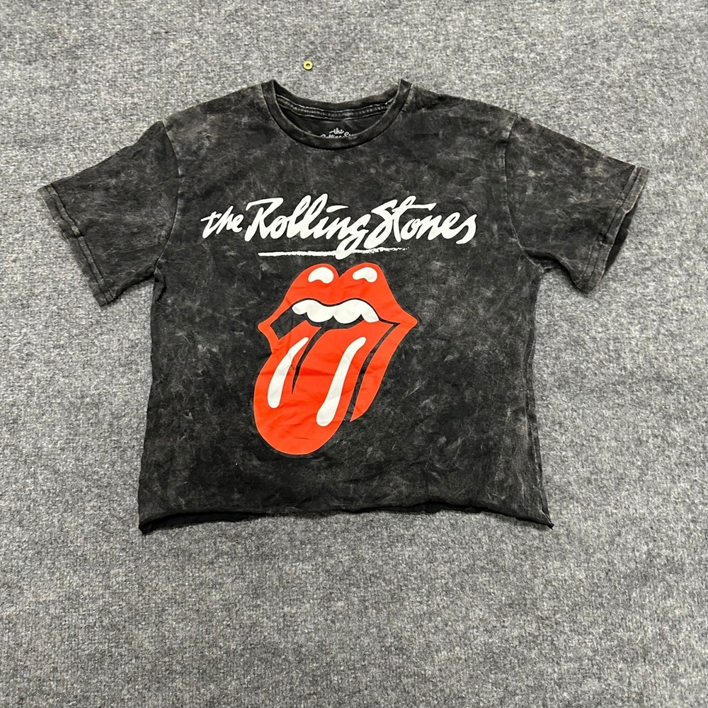 The Rolling Stones T-Shirt Womens Size S Black Acid Wash Cropped Band Graphic